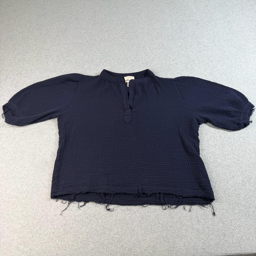 Industry Shirt Women Medium Blue Puff Sleeve Fringe Hem Boho Gauze Coastal Boho